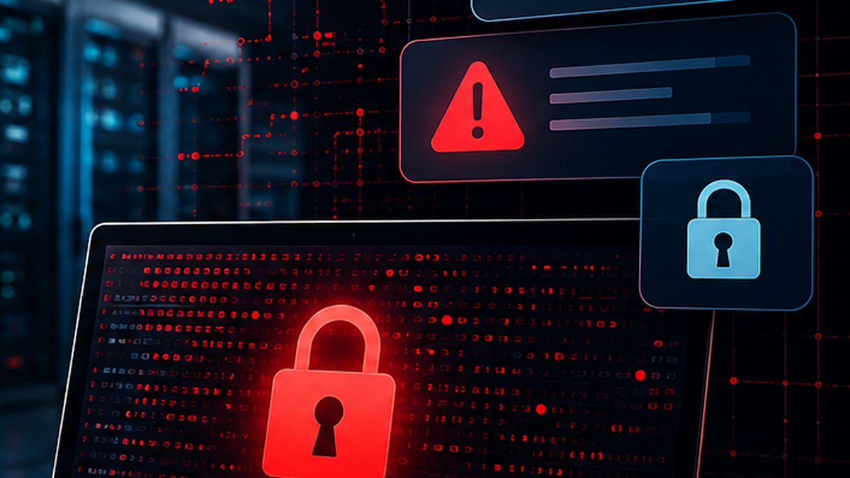 Notebook exibindo alerta de dados comprometidos após ataque de ransomware