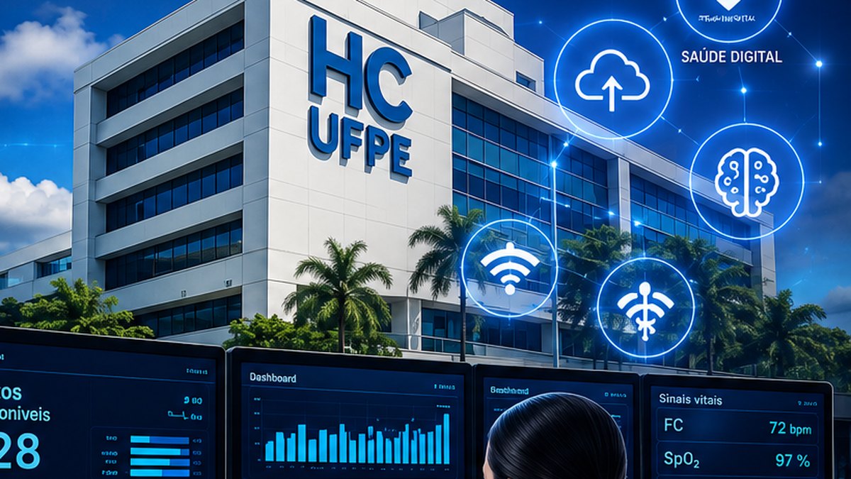 Fachada do HC-UFPE com painéis de dados clínicos e ícones de saúde digital